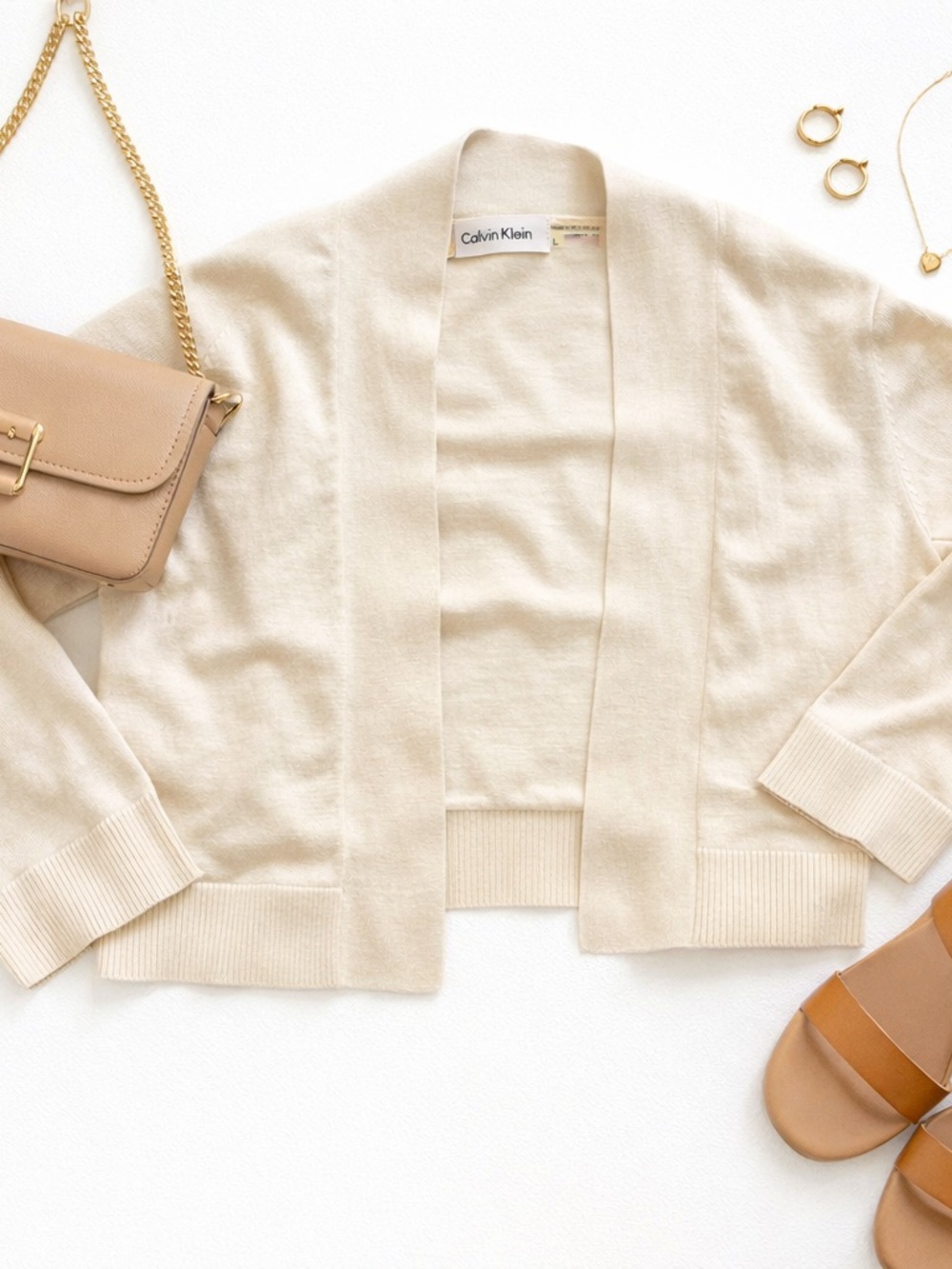 Calvin Klein Cream Cropped Cardigan Open Front Lightweight Knit Women Large EUC